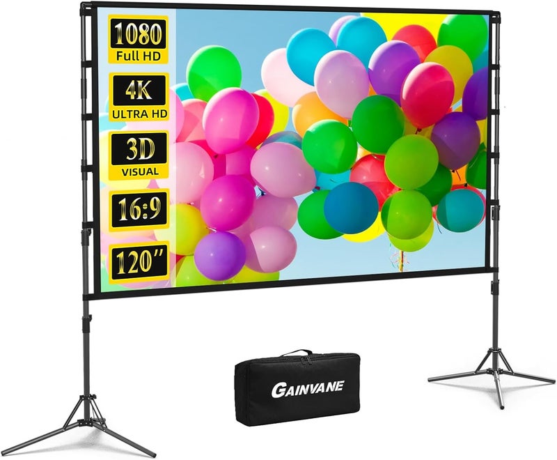 GAINVANE شاشة بروجكتور وحامل، شاشة بروجكتور محمولة 120 بوصة للشاشة الداخلية والخارجية 16:9 4K HD خالية من التجاعيد خفيفة الوزن مع حقيبة حمل لليلة الأفلام في الفناء الخلفي - Image 1